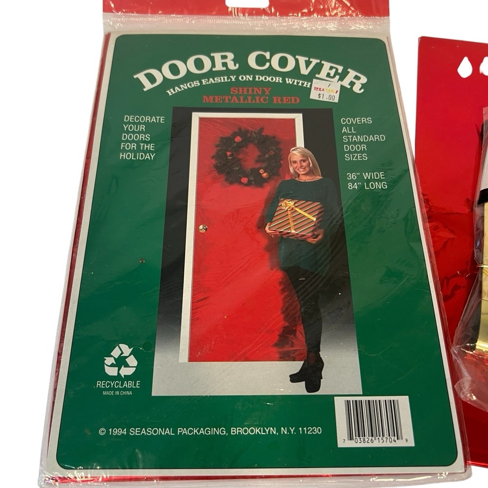 Vintage Christmas Door Metallic Foil Decoration Ribbon Cover 36x84 NOS Red Gold - Picture 2 of 3